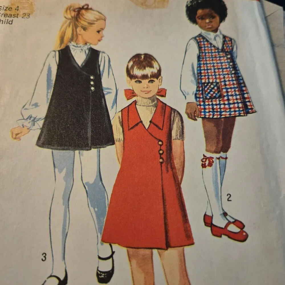 Simplicity 8945 sewing pattern girls front wrap jumper dress size 4 70s UNCUT